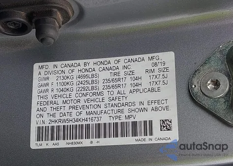 2019 Honda Cr-V Lx z USA, uszkodzony, nr VIN 2HKRW5H34KH416737